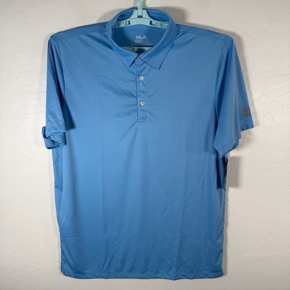 Huk Pursuit Polo Mens Large Blue Short Sleeve Performance Fishing Shirt UPF 50+